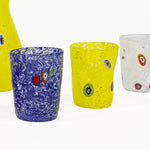 Artistic glasses and carafe with murrine and polychrome canes.